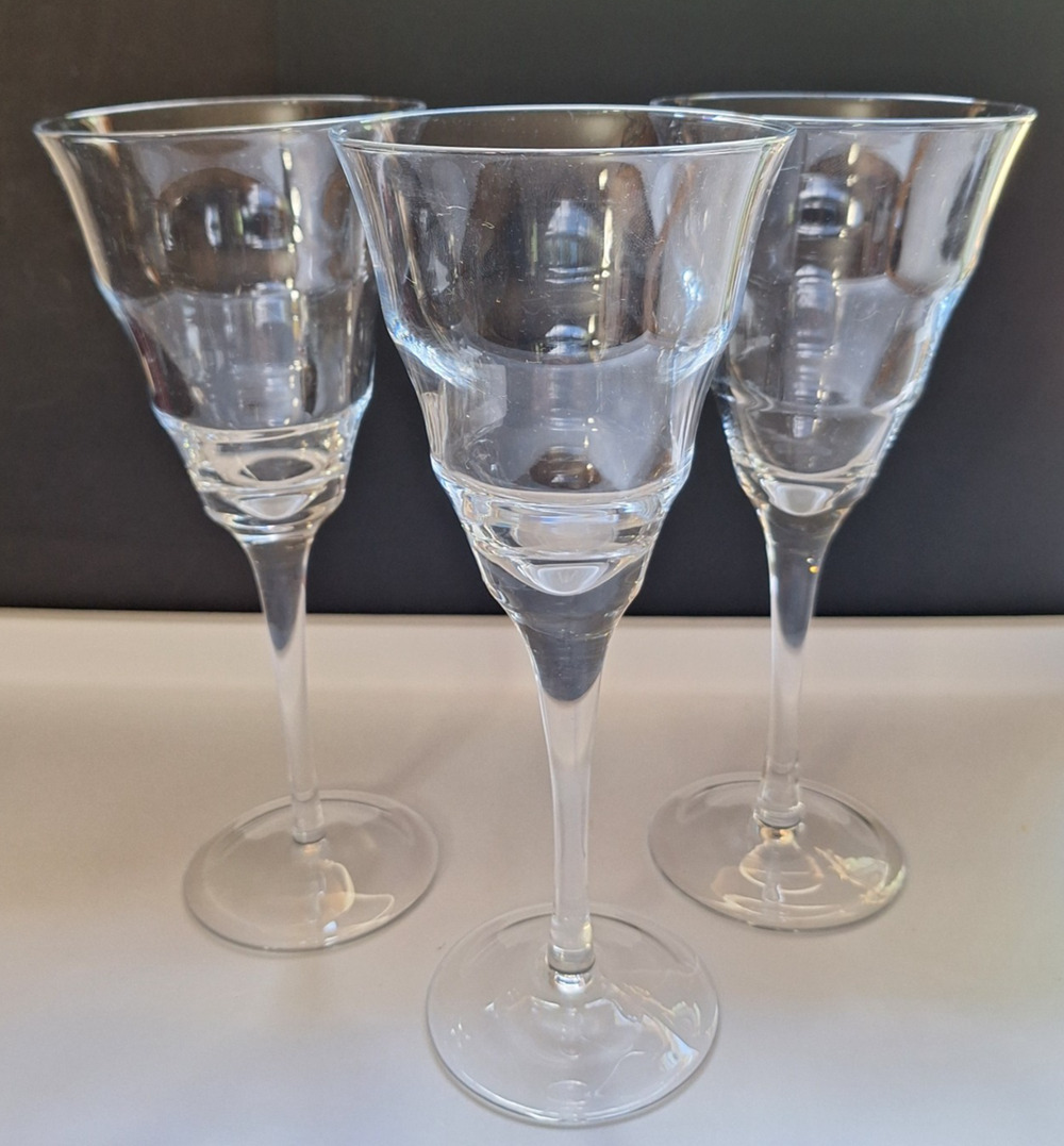 Rippled Optic Clear Pulled Stem Set of 3 Water Wine Goblets 8 1/2"